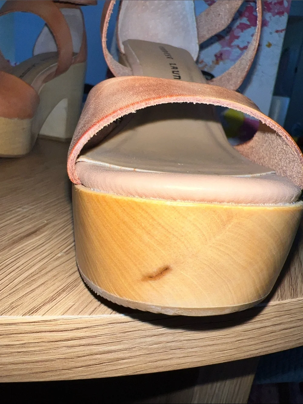 Chinese Laundry Tan Leather Platform Sandal with Wood-Look Heel